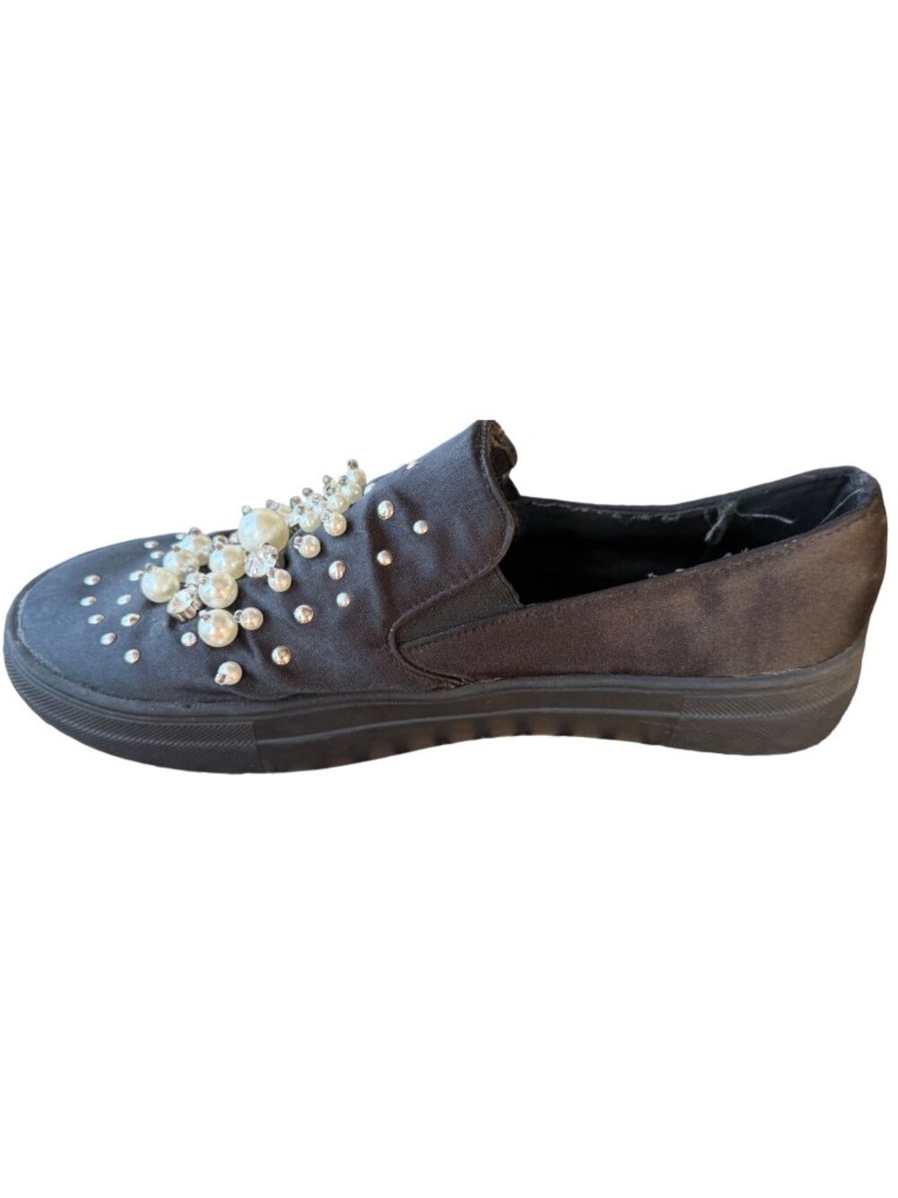 Forever Brand Black Slip-on Casual Sneakers w/Faux Pearls Beads Women's Size 7